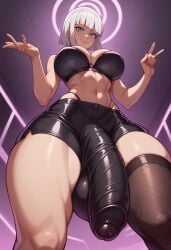 bra cum cum_drip cum_on_body cum_on_breasts cum_on_face futa_focus futa_only futanari glasses huge_ass huge_breast huge_butt huge_cock latex latex_clothing milf mommy short_shorts shorts stockings stripper_pole