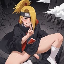 1boy ai_generated akatsuki_(naruto) blonde_hair blush cloak cloud_print deidara erected erection femboy naruto naruto_(series) naruto_shippuden penis ponytail small_penis solo spread_legs thick thick_thighs thighs