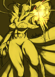 2014 anthro breasts canine claws female fire fox half-closed_eyes kyubi_(yo-kai_watch) kyuubi kyuubi_(youkai_watch) level-5 looking_at_viewer magic mammal multiple_tails navel nipples nude plain_background pussy rule_63 sketch skykain smile solo yellow_background yellow_eyes yo-kai_watch youkai youkai_watch yōkai