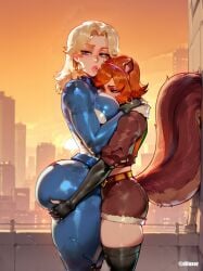 ai_generated ass_grab between_breasts blonde_hair difuxer marvel marvel_rivals orange_hair squirrel_girl squirrel_girl_(marvel_rivals) sue_storm yuri