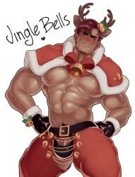 bara bell belt blinking blush brown_hair bulge christmas costume deer_ears deer_horns gloves heart_symbol human human_only looking_at_viewer male_only mistletoe muscular muscular_male pants penis_base ribbon robe ruisselait solo solo_male tagme_(character) text