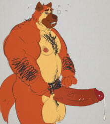 anthro balls belly canine chub cum drooling feral fuzzy german_shepherd grin hairy hyper hypnosis male_only mammal mind_control musclechub musclegut muscles original original_character overweight pecs penis precum saliva solo tcw_(artist) truenorth uncut video_games