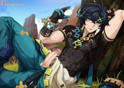 1boy aqua_pants black_gloves black_hair black_shirt clothes_around_waist earrings genshin_impact gloves green_eyes green_hair hair_between_eyes headband highres jewelry kinich_(genshin_impact) looking_at_viewer male_focus male_only multicolored_hair muscular muscular_male neck_tattoo open_mouth pants penis penis_peek ren_ayume shirt short_hair solo streaked_hair tattoo