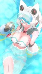 1girls big_breasts black_gloves blue_eyes blush cat_ears ico_(mega_man) long_hair mega_man mega_man_x mega_man_x_dive swimsuit swimsuit_ico_(x_dive) water white_hair white_swimsuit