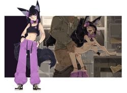 1boy 1girls 2koma ambiguous_penetration arched_back black_hair breasts commission crop_top dark-skinned_male female fluffy_tail fox_ears hand_on_butt hand_on_cheek happy_sex headphones headphones_around_neck kemonomimi light-skinned_female looking_back looking_pleasured male nipples no_bra original panties panties_down pants pants_down partially_clothed pink_eyes pink_hair ponytail restroom sex shuuko size_difference slender small_breasts smile sneakers standing standing_doggy_style standing_sex straight sweatpants two_tone_hair