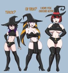 bulge corset_bra darkeros13 facing_viewer female femboy futanari glasses gloves high_heels lain_(marisfaraway) lexx_(marisfaraway) loincloth lucy_(marisfaraway) penis_bulge pinup short_shorts tanktop thighhighs witch_costume witch_hat