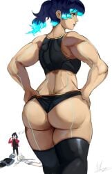 abs ass biceps black_hair black_legwear blue_eyes blue_hair electricity female glowing hand_on_hip hands_on_hips lanz_(xenoblade) mio_(xenoblade) multiple_girls muscular muscular_female muscular_male noah_(xenoblade) ponytail sena_(xenoblade) signature thick_thighs thighhighs thighs toned xenoblade_(series) xenoblade_chronicles_3