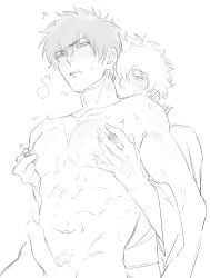 2boys blush breath erection from_behind gay gintama gintoki_sakata hijikata_toshiro hsixxx low-angle_view male male_only monochrome nipple_pinch nipple_play nipple_tweak nipples nude nude_male pec_grab penis sketch solo_focus sweat toned toned_male yaoi