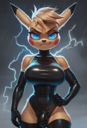 ai_generated anthro breasts bulge elbow_gloves electricity futanari latex pikachu pokemon rubber_clothing shortstack solo thighhighs water