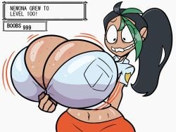 1girls black_hair breast_expansion breasts breasts_bigger_than_head cleavage crop_top dark-skinned_female dark_skin freckles freckles_on_breasts freckles_on_face gigantic_breasts juramg level_up nemona_(pokemon) pokemon ponytail solo