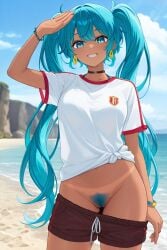 1female 1girls ai_generated beach blue_eyes blue_hair brown_skin female flanofart hairy hairy_pussy hatsune_miku no_panties pe_miku peruan_miku pubic_hair pulling_down_pants shirt smile solo solo_female tagme tan_skin twintails vocaloid