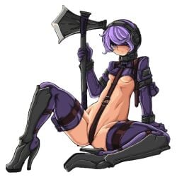 crop_top crotch_strap doekuramori greaves hair_over_one_eye headgear high_heel_boots high_heels holding_another's_hand holding_axe holding_weapon legs_apart looking_at_viewer martyr_(the_citadel) official_art purple_eyes purple_hair purple_thighhighs small_breasts spread_legs the_citadel the_martyr transparent_background