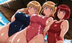 3girls ai_generated arima_kana breasts cameltoe female female_focus female_only hoshino_ruby large_breasts light-skinned_female light_skin looking_at_viewer memcho multiple_girls oshi_no_ko shiny_skin thick_thighs thighs wet wide_hips yuukiai