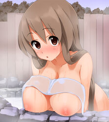 bathing blush breast_rest breasts brown_eyes brown_hair female kaisen_chuui large_breasts long_hair looking_at_viewer nipples onsen original solo topless towel water wet