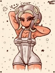 ... 1girls agent_8_(side_order) agent_8_(splatoon) arms_up artist_name big_breasts bodysuit breasts choker covered_navel earrings female looking_at_viewer marodraws nintendo octoling octoling_girl short_hair solo solo_female solo_focus splatoon splatoon_3 splatoon_3:_side_order tentacle_hair white_bodysuit white_choker