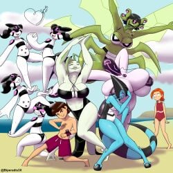 2d_(artwork) alien alien_girl beach ben_10 ben_tennyson ben_tennyson_(classic) bikini biperadis blue_skin breasts chaquetrix ditto ditto_(ben_10) female galvanic_mechamorph green_skin gwen_tennyson gwen_tennyson_(classic) huge_breasts kineceleran large_breasts lepidopterran lepidopterran_(ben_10) male multiple_girls omnitrix piscciss_volann posing_for_picture ripjaws splixson stinkfly swimming_trunks swimsuit upgrade_(ben_10) white_skin xlr8