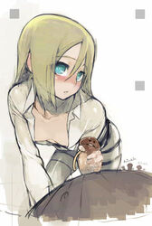 1boy 1girls attack_on_titan blonde_hair blue_eyes christa_lenz clothed cute eye_contact female handjob historia_reiss imminent_oral male namaniku_atk oral petite pov shingeki_no_kyojin tagme teenager yellow_hair