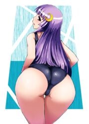 ass bare_shoulders black_swimsuit blush breasts dat_ass female ishimiso_(ishimura) large_breasts looking_at_viewer patchouli_knowledge purple_eyes purple_hair school_swimsuit solo swimsuit touhou