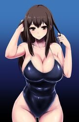 adjusting_hair akagi_(kantai_collection) alternate_costume blue blue_mizugi blush breasts brown_eyes brown_hair cleavage collarbone competition_school_swimsuit female female_only gradient gradient_background highleg highleg_swimsuit ishimiso_(ishimura) kantai_collection large_breasts long_hair looking_at_viewer mizugi one-piece_swimsuit personification shiny shiny_clothes smile solo swimsuit