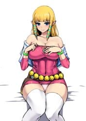 1girls alternate_breast_size bangs bare_shoulders blonde_hair blue_eyes blunt_bangs blush bracelet breasts cleavage covered_navel demigoddess detached_sleeves dress female female_only goddess hair_ribbon hands_on_own_chest hourglass_figure hylian ishimiso_(ishimura) jewelry knees_together_feet_apart large_breasts long_hair microdress navel nintendo panties pantyshot_(sitting) pantyshot_sitting payot pink_dress pink_panties pointy_ears princess_zelda ribbon sailcloth sitting skyward_sword smile solo teenager the_legend_of_zelda thighhighs underwear voluptuous white_legwear zelda_(skyward_sword)