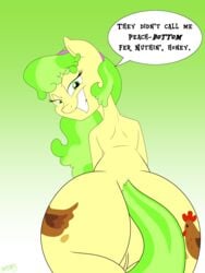 2015 anthro anthrofied ass big_butt cutie_mark dialogue english_text equine female freckles friendship_is_magic green_eyes green_hair hair hi_res horse looking_at_viewer looking_back mammal ms._peachbottom_(mlp) my_little_pony mysteryfanboy718 pony pussy smile solo text two_tone_hair