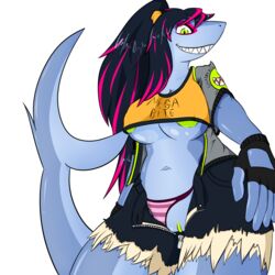 anthro areola breasts clothing english_text eyeliner female female_only fish gloves hair long_hair marine mayhem_(renard) navel nipples panties ponytail pussy quin-nsfw shark shirt short_shirt smile solo teeth text tied_hair torn_clothing underwear