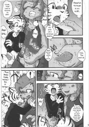 anthro balls blush clothing comic cougar dialogue digitigrade english_text feline fur greyscale hair long_hair male mammal manga masturbation mikazuki_karasu monochrome paws penis saliva stripes text tiger translated white_fur yaoi