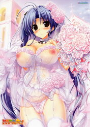 absurdres ahoge antenna_hair bare_shoulders bell blue_hair blush bouquet breasts bridal_veil bride cameltoe choker church cleavage corset cross dress erect_nipples female flower frown garter_belt garter_straps hair_flower hair_ornament highres kamikaze_explorer! large_breasts long_hair looking_at_viewer navel nipples okihara_kotoha original oshiki_hitoshi panties petals pink_panties puffy_nipples ribbon scan see-through shiny shiny_skin sky solo thighhighs uncensored underwear veil very_long_hair wedding wedding_dress white_legwear yellow_eyes