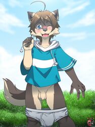 1boy 2015 anthro balls blue_eyes briefs canine cheerful clothing flaccid kivwolf male male_only mammal morenatsu penis shun solo standing uncut underwear underwear_down white_underwear wolf young