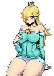 1girls bare_shoulders bed blonde_hair blue_eyes breast_grab breasts brooch cleavage collarbone crown dress female female_only hair_over_one_eye huge_breasts human ishimiso_(ishimura) jewelry large_breasts long_hair mario_(series) microdress minidress nintendo panties pantyshot pantyshot_(sitting) princess_rosalina simple_background sitting solo star thick_thighs thighs tight_clothing underwear white_background