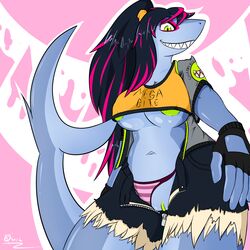 abstract_background anthro areola breasts clothing english_text eyeliner female female_only fish gloves hair long_hair marine mayhem_(renard) navel nipples panties ponytail pussy quin-nsfw shark shirt short_shirt smile solo teeth text tied_hair torn_clothing underwear