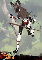 1boy 2015 african_wild_dog anthro canine clothing forest heterochromia hood hunter male male_only mammal melee_weapon orphen-sirius outside polearm solo spear tree tribal underwear weapon western_art