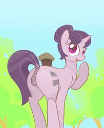 2015 absurd_res animal_genitalia anus ass braddo cutie_mark dock equine equine_pussy female feral food friendship_is_magic hair hi_res horn mammal muffin my_little_pony open_mouth purple_hair pussy smile solo sugar_belle tree unicorn