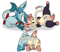 all_fours anus ass backsack balls between_legs cum cum_in_ass cum_inside cum_on_ass duo eeveelution feral generation_4_pokemon generation_6_pokemon glaceon legwear looking_at_viewer looking_back lying male messy multiple_images multiple_poses nintendo on_back on_side one_leg_up penis perineum plain_background pokemon pokemon_(species) presenting presenting_hindquarters quadruped redras_shoru sheath signature sylveon tapering_penis white_background yaoi