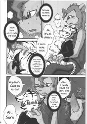 anthro balls blush clothing comic cougar dialogue digitigrade english_text feline fur greyscale hair long_hair male mammal manga masturbation mikazuki_karasu monochrome paws penis saliva stripes text tiger translated white_fur yaoi