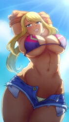 9:16 akairiot arms_above_head arms_behind_head arms_up arms_up_pose beauty_mark bikini_top bimbo blonde_hair blue_eyes blush breasts busty cleavage female female_only fully_clothed human large_breasts long_hair metroid midriff mole navel nintendo panties pose posing samus_aran seductive shorts smile solo standing underboob undressing unzipped voluptuous wide_hips