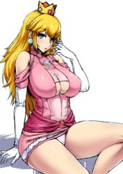 1girls blonde_hair blue_eyes breasts brooch cleavage cleavage_cutout clothed_navel crown detached_sleeves dress earrings elbow_gloves female female_only gloves hair_flip high_collar huge_breasts human ishimiso_(ishimura) jewelry large_breasts long_hair mario_(series) microdress minidress nintendo panties pantyshot pantyshot_(sitting) princess_peach simple_background sitting solo thick_thighs thighs tight_clothing underwear white_background