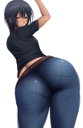 1girls arm_up ass big_butt black_hair blush butt chuunibyou_demo_koi_ga_shitai! clothed clothes clothing dat_ass denim female female_only from_behind hourglass_figure huge_ass jeans long_hair looking_back pants pantylines parted_lips presenting presenting_ass presenting_hindquarters red_eyes saogokushi solo solo_female takanashi_touka