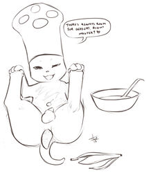 1boy anal anal_insertion anal_sex anus aogami ass banana bigger_version_at_the_source bowl capcom chef chef_hat cherry dialogue english_text erection feline felyne food food_play fruit fur furry furry_only heart improvised_dildo improvised_sex_toy insertion male male_only male_penetrated mammal monster_hunter penetration penis presenting presenting_anus seductive solo tail testicles text vegetables video_games zapperzaku2