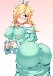 1girls aqua_eyes arched_back ass back_view bare_shoulders big_ass blonde_hair blue_eyes blush body_blush bouncing_breasts breasts bubble_ass bubble_butt busty cleavage clothed clothes crown dat_ass dress earrings erect_nipples female female_only from_behind gown hair hair_over_one_eye hisui_(stapspats) hourglass_figure huge_ass human impossible_clothes impossible_dress jewelry large_breasts long_hair looking_back mario_(series) nintendo princess_rosalina see-through simple_background solo stapspats super_mario_galaxy sweat text tight_clothing translation_request voluptuous