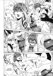 anthro black_and_white breast_grab breasts canine censored comic cum english_text female fox fur heart hi_res human human_on_anthro humanoid_penis interspecies joka_(hiwai) male mammal monochrome penis straight text