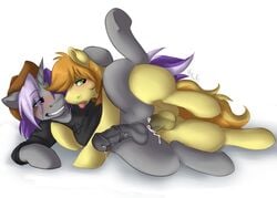 anal anal_sex animal_genitalia balls black_penis blue_hair blush braeburn_(mlp) clothed clothing cum cum_in_ass cum_inside cum_on_thighs cum_while_penetrated duo equine erection fan_character friendship_is_magic fur grey_fur hair half-closed_eyes half-dressed hat honeyclop horn horse horsecock male mammal my_little_pony open_mouth orange_hair penetration penis plain_background pony precum sex shirt smile teeth tongue tongue_out two_tone_hair white_background yaoi yellow_fur