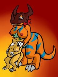 2girls agumon anthro blue_hair breasts ceratosaur ceratosaurid ceratosaurus digimon digimon_adventure female female_only genderswap gina_greymon green_eyes greymon mama_g milf pregnant ravencomb21 red_eyes red_hair scalie shela