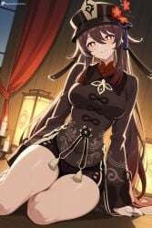 1girl ai_generated black_headwear black_nails black_shorts blush breasts brown_hair candle chinese_clothes digitalwaifugallery flower flower-shaped_pupils genshin_impact hair_between_eyes hat hat_flower hi_res high_quality high_resolution hu_tao_(genshin_impact) indoors jewelry long_hair long_sleeves looking_at_viewer medium_breasts nail_polish parted_lips patreon plum_blossoms porkpie_hat red_eyes ring seductive sexy short_shorts shorts sitting smile solo symbol-shaped_pupils thighs twintails uncensored very_long_hair watermark yokozuwari