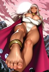 1girl ai_generated anklet arcana_heart big_breasts blunt_bangs breasts cape feet foot_fetish foot_focus from_below long_hair low-angle_view maestro22 nipples parace_l'sia revealing_clothes soles solo white_hair