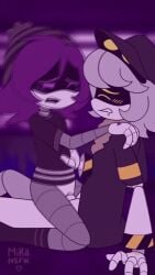 1boy 1girls animated beanie beanie_hat blushing blushing_female blushing_male bouncing_on_penis drooling gif grey_hair hat holding_shoulder intercourse male/female mikansfw murder_drones n_(murder_drones) no_sound penetration penis_in_pussy purple_eyes purple_hair robot_sex sex straight straight_sex tagme uzi_(murder_drones) yellow_eyes