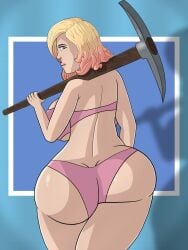 1girls big_ass big_breasts bikini blonde_hair blue_eyes curvy curvy_hips hourglass_figure huge_ass huge_breasts looking_at_viewer penny_(fortnite) pickaxe shiny_skin wide_hips