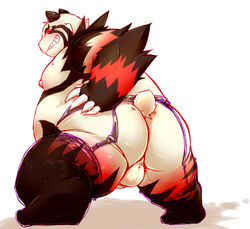 anthro ass backsack balls bear big_balls big_butt big_penis blush chiro_(artist) clothed clothing crossdressing fanfan fur furry furry_only garter_belt half-dressed legwear lingerie male male_only mammal overweight penis presenting red_panda smirk solo stockings topless