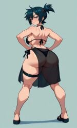1girl ai_generated ass ass_focus asymmetrical_hair back backboob bare_shoulders bikini black_bikini black_footwear black_swimsuit blue_eyes blue_hair blush breasts busty clothing fang female footwear from_behind green_eyes hair_tie halterneck hand_on_hip hand_on_own_hip highleg highleg_bikini highleg_swimsuit huge_ass kasumi_(pokemon) kneepits large_ass large_breasts looking_at_viewer looking_back median_furrow misty_(the_electric_tale_of_pikachu) open_mouth pokemon ponytail sarong see-through shiny_skin short_hair short_ponytail shoulder_blades side_ponytail sideboob smile smug solo standing string_bikini swimsuit the_electric_tale_of_pikachu thick_ass thick_thighs thighs thong thong_bikini thong_swimsuit tied_hair wide_hips
