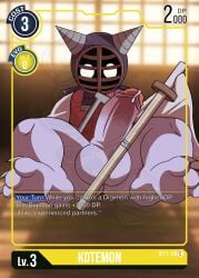 anthro balls bamboo_sword bandai_namco bodily_fluids card claws digimon digimon_(species) dojo english_text erection gendomx genital_fluids genitals glowing glowing_eyes hi_res keikogi kotemon male martial_arts_uniform mask penis playing_card precum scalie shadowed_face sitting solo sportswear text